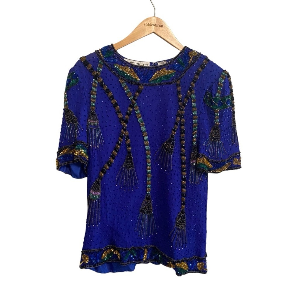 Scala Vintage 80s Royal Blue Silk Beaded Short Sleeve Blouse Size Large